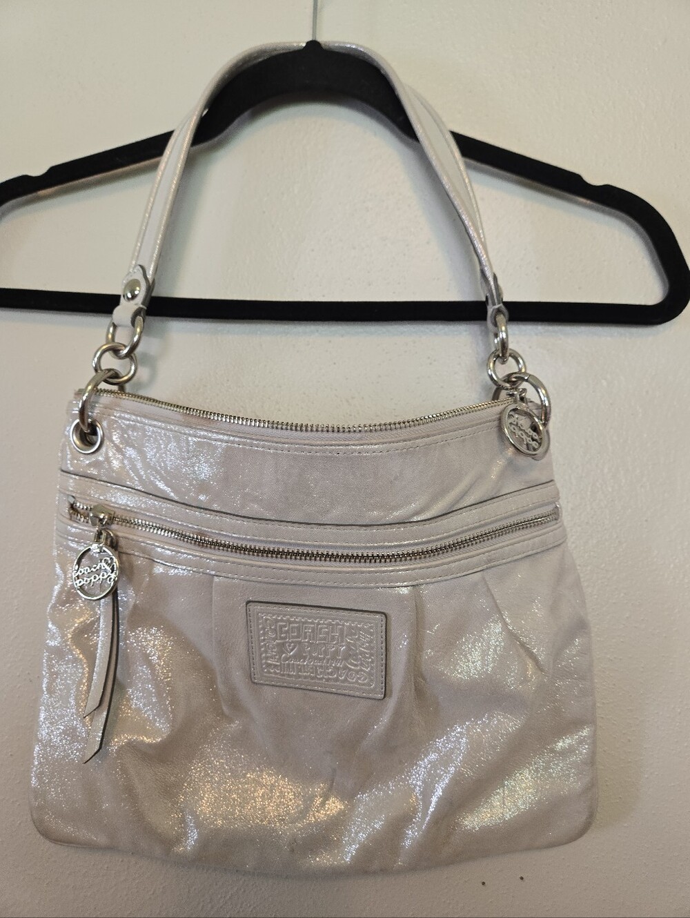 Coach Poppy Metallic Shoulder Bag Purse Silver